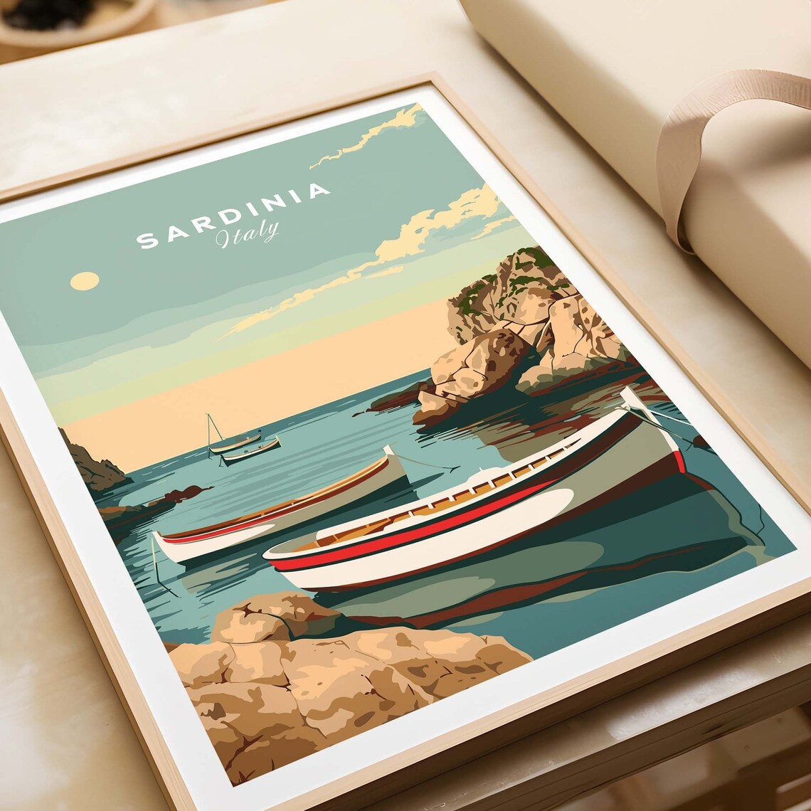 Sardinia Italy Turquoise Cove Moored Boats Rocky Cliffs Travel Poster