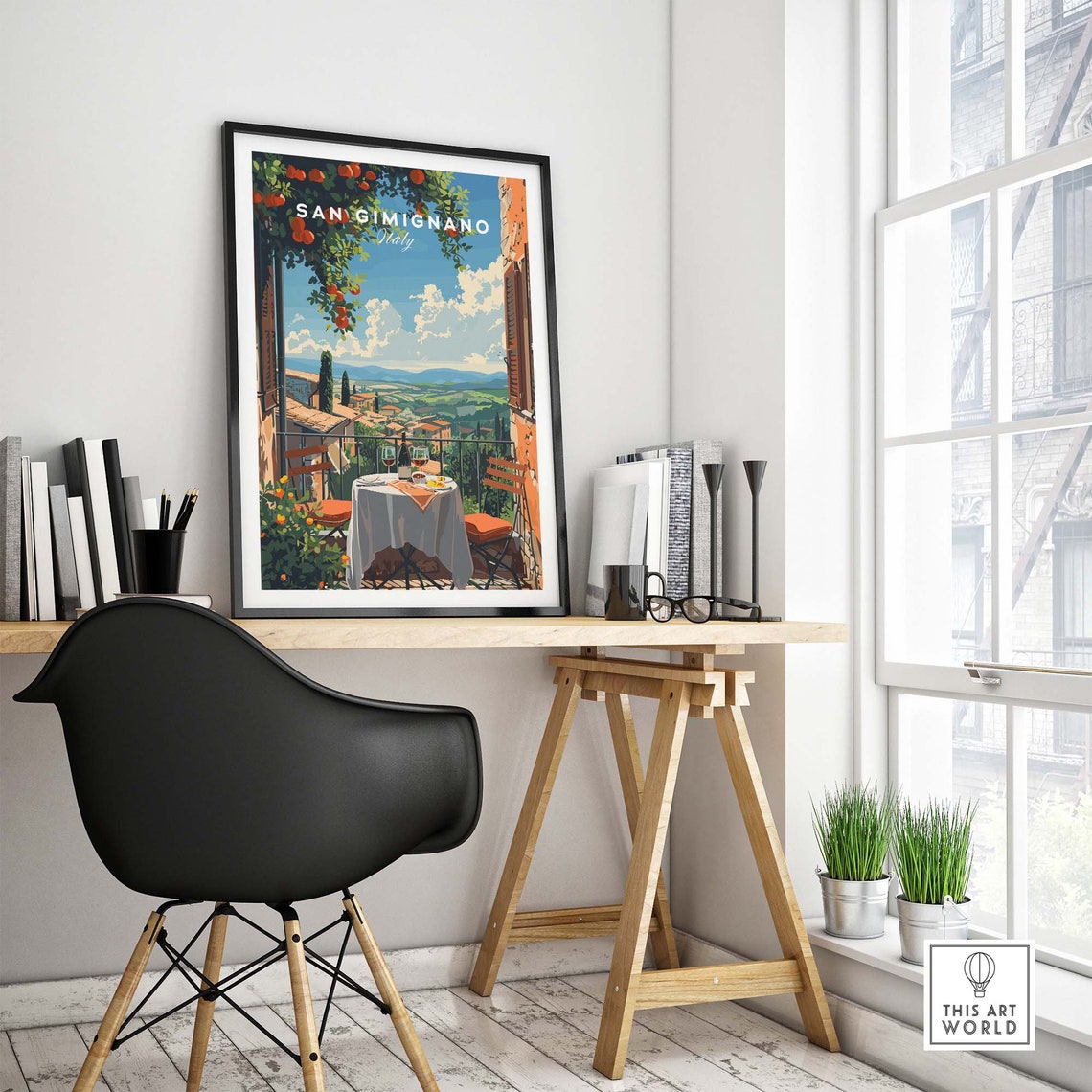 San Gimignano Italy Terrace Wine Citrus Trees Tuscan Hills Poster - Image 4