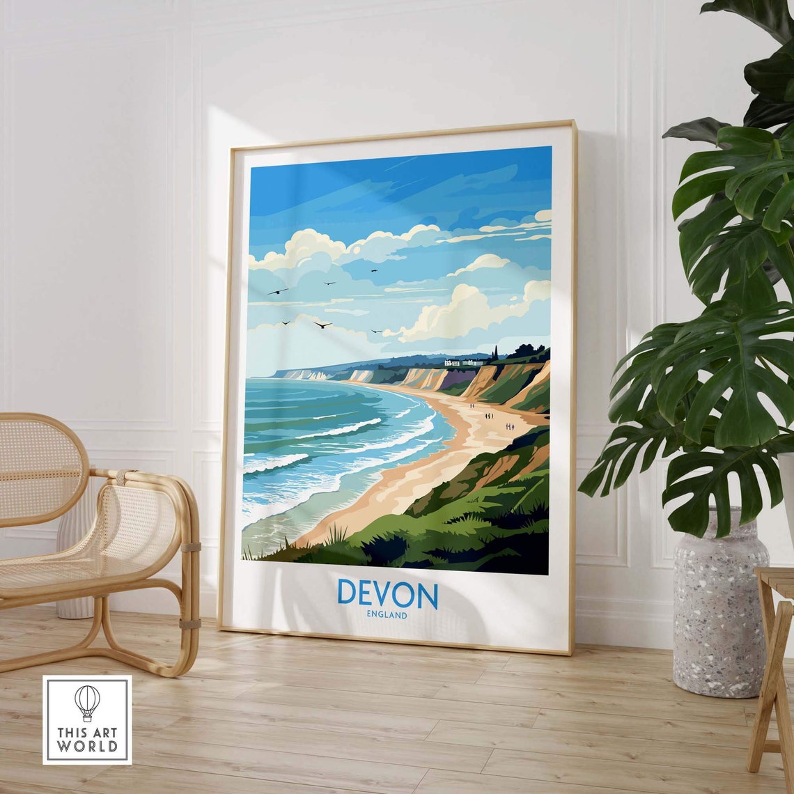 Devon England Coastal Cliffs Sandy Beach Sea Birds Travel Poster - Image 3