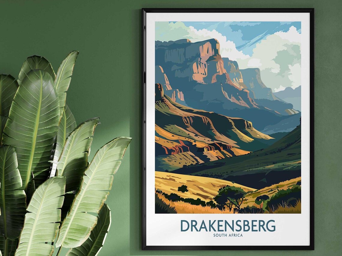Drakensberg South Africa Mountain Valley Vista Vintage Travel Poster