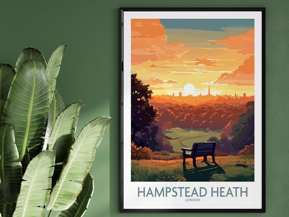 Hampstead Heath London Sunset Skyline Park Bench Travel Poster