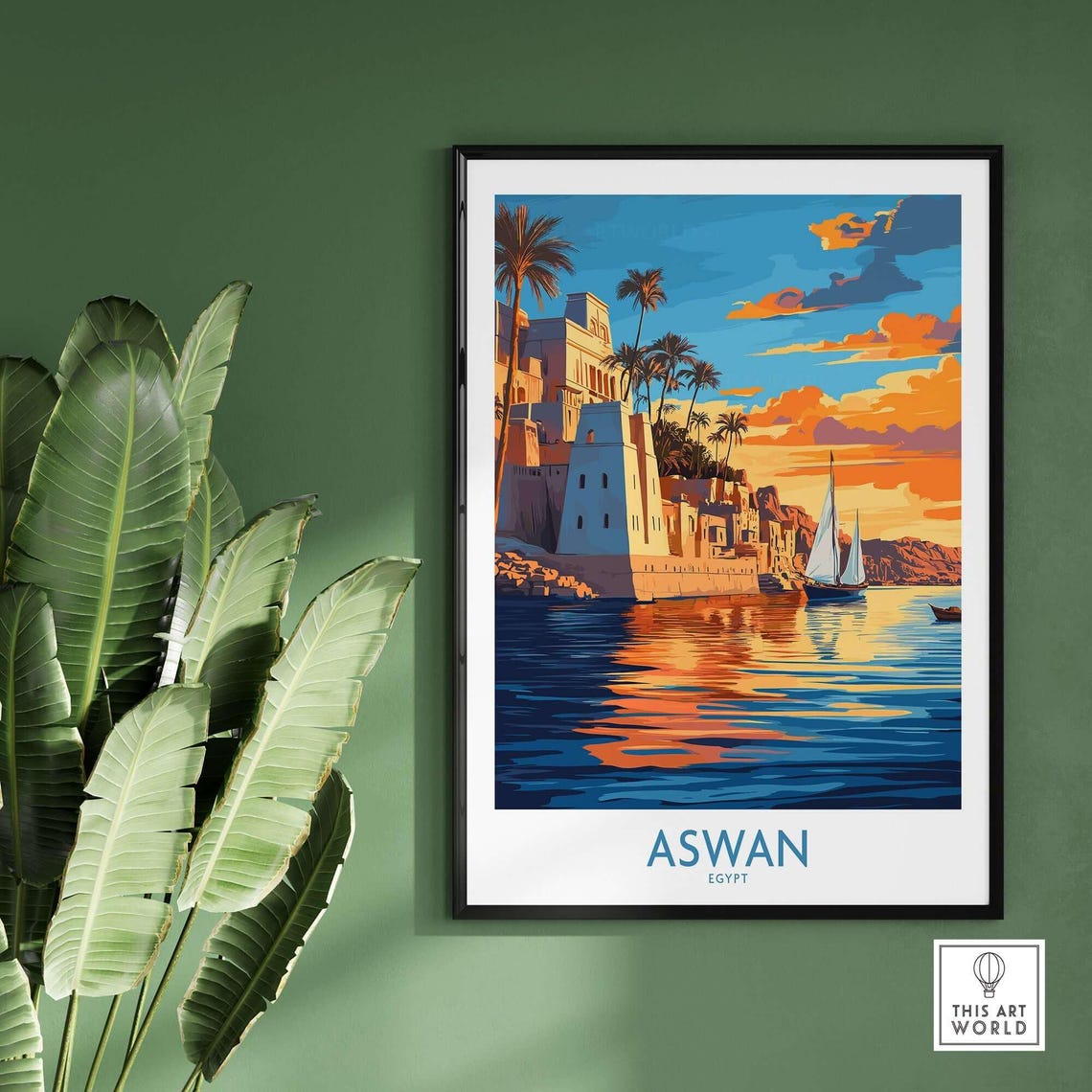 Aswan Egypt Sunset Felucca Riverfront Palm Trees Travel Poster - Image 2