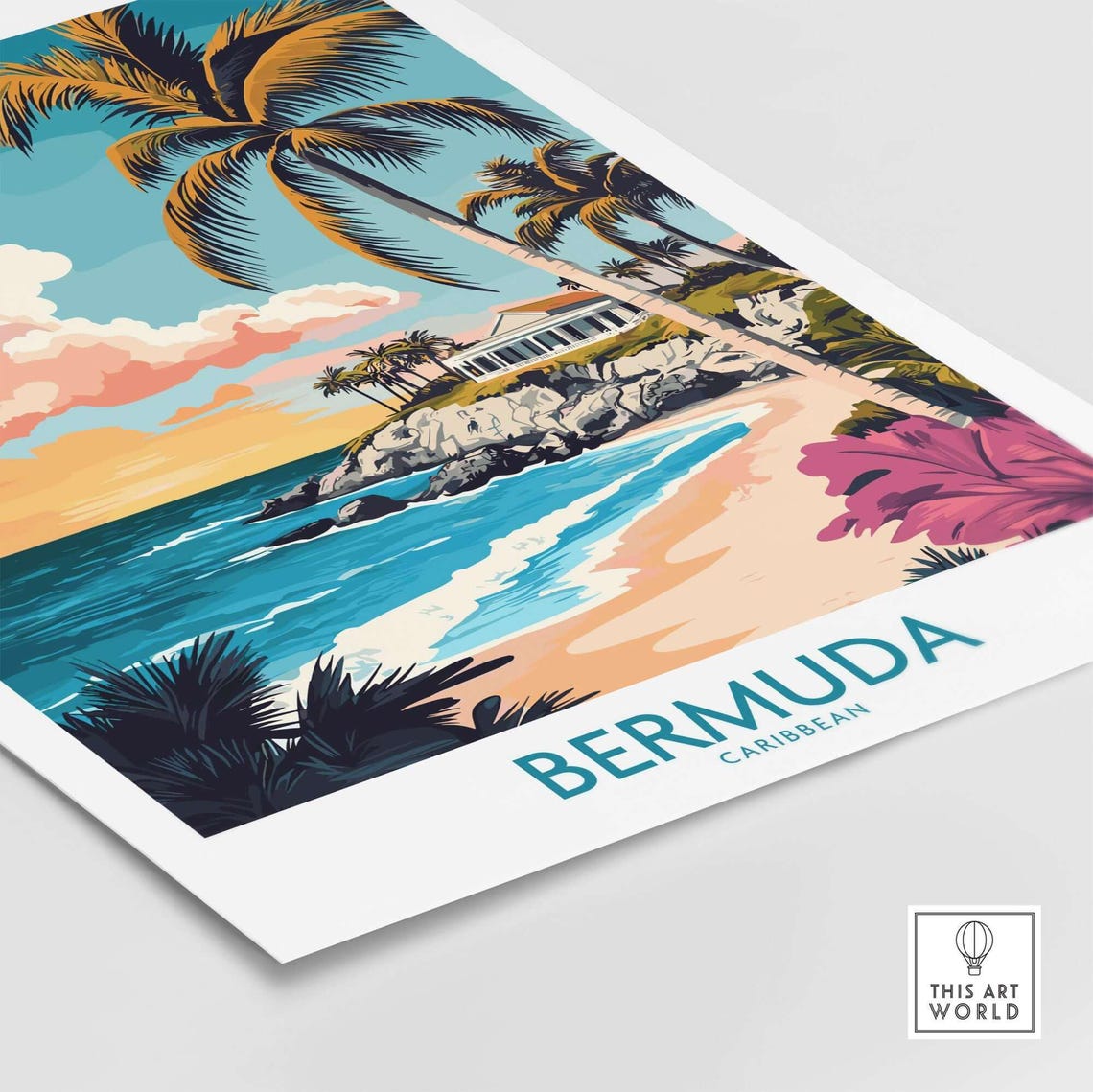 Bermuda Caribbean Sunset Beach Palm Trees Pink Sky Travel Poster - Image 4