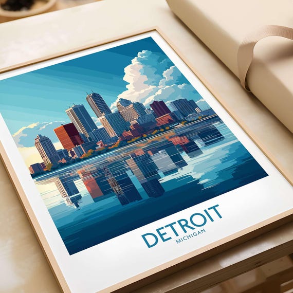 Detroit Wall Art Print Travel Poster Decor Lovers Gift Michigan Illustration Framed