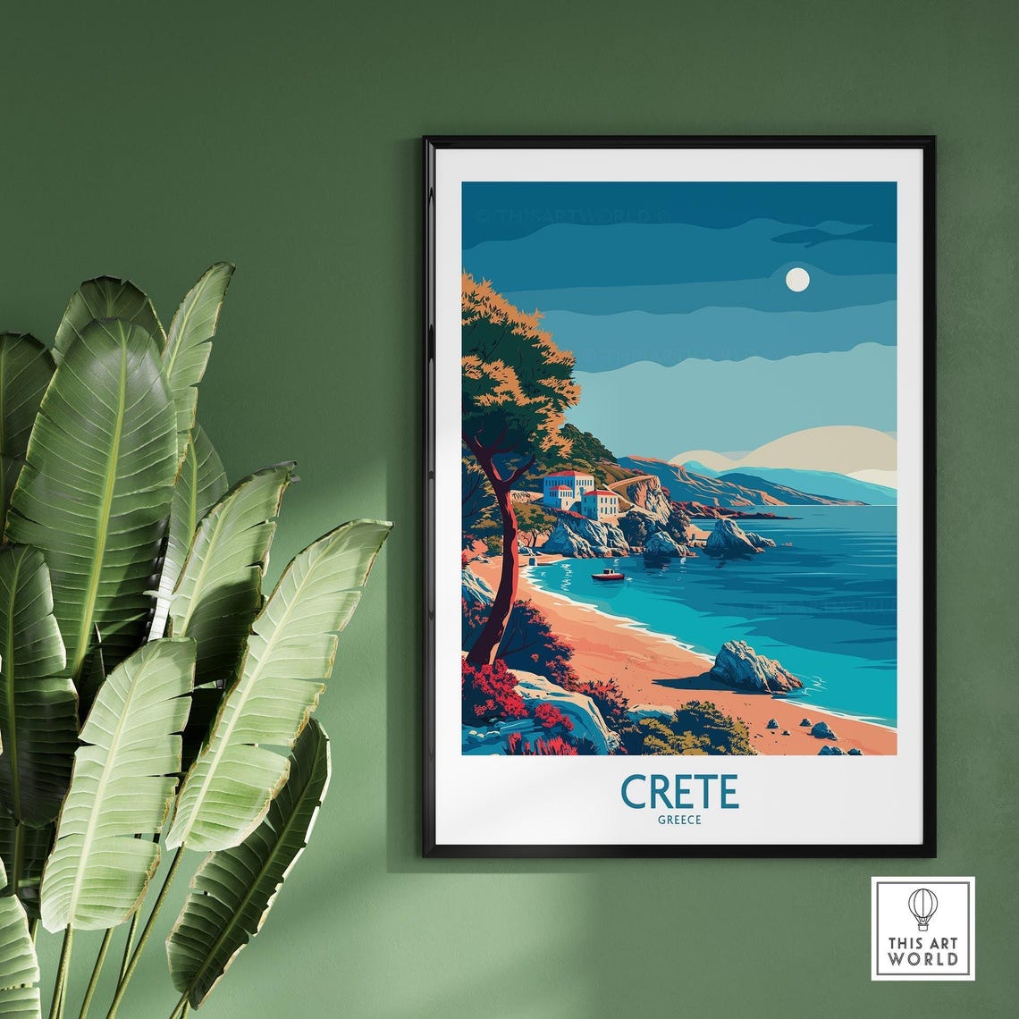 Crete Greece Moonlit Cove Beach White Houses Rocky Shore Island Poster - Image 2