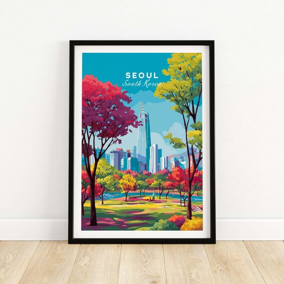 Seoul South Korea Autumn Park Skyline Colorful Trees Travel Poster