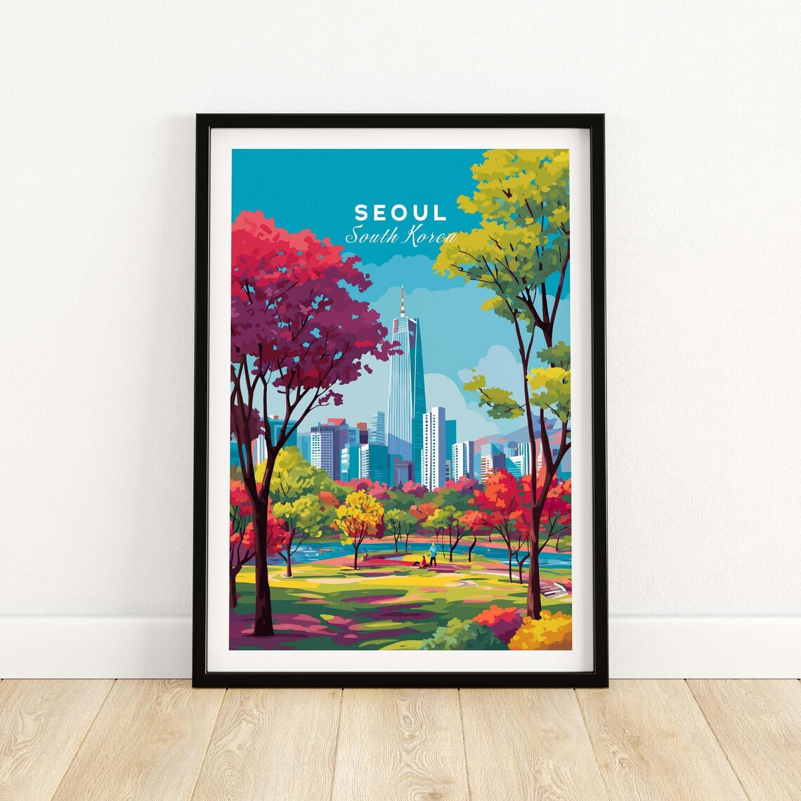 Seoul South Korea Autumn Park Skyline Colorful Trees Travel Poster