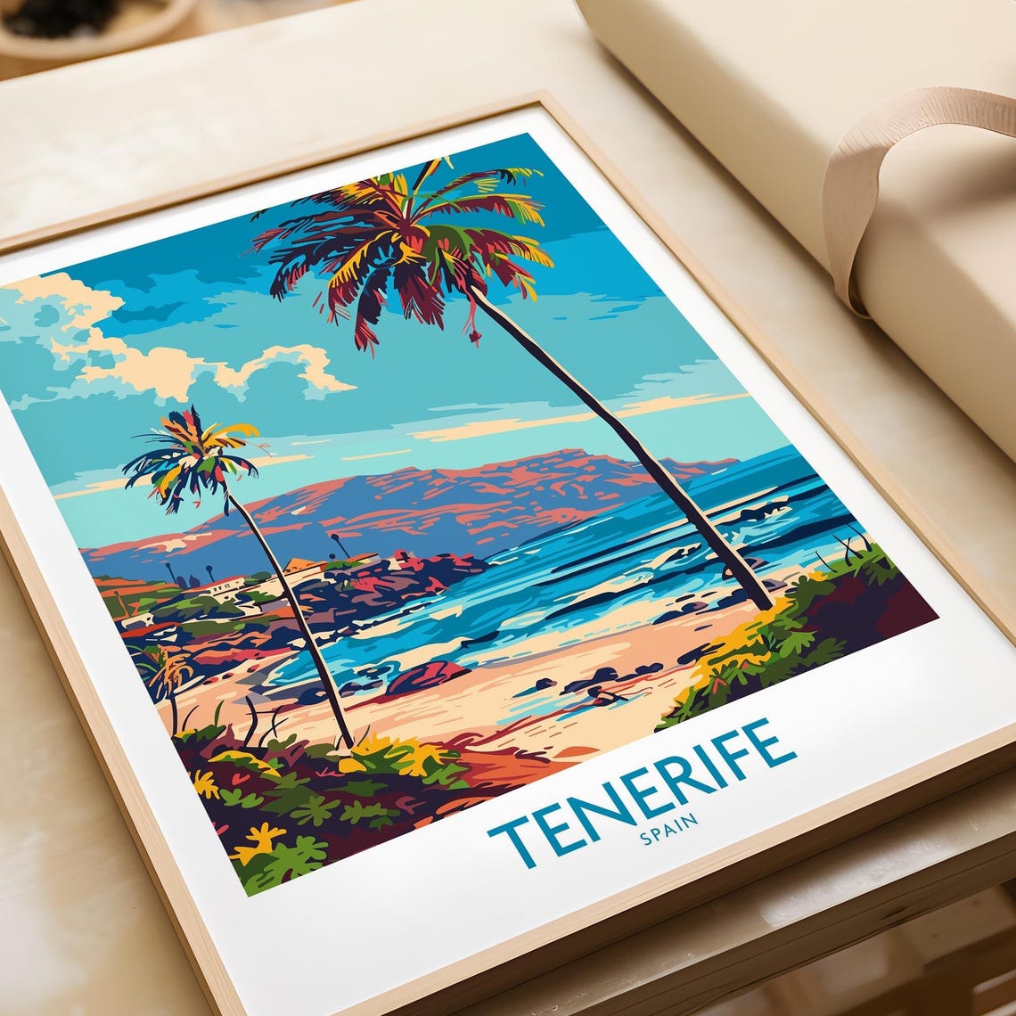 Tenerife Spain Leaning Palms Beach Mountain Backdrop Art Poster