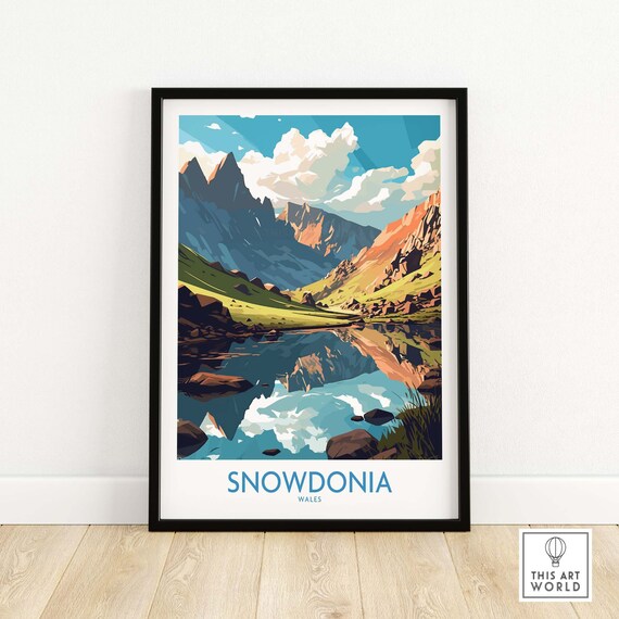 Snowdonia Wales Mountain Lake Peaks Reflection Vintage Travel Poster