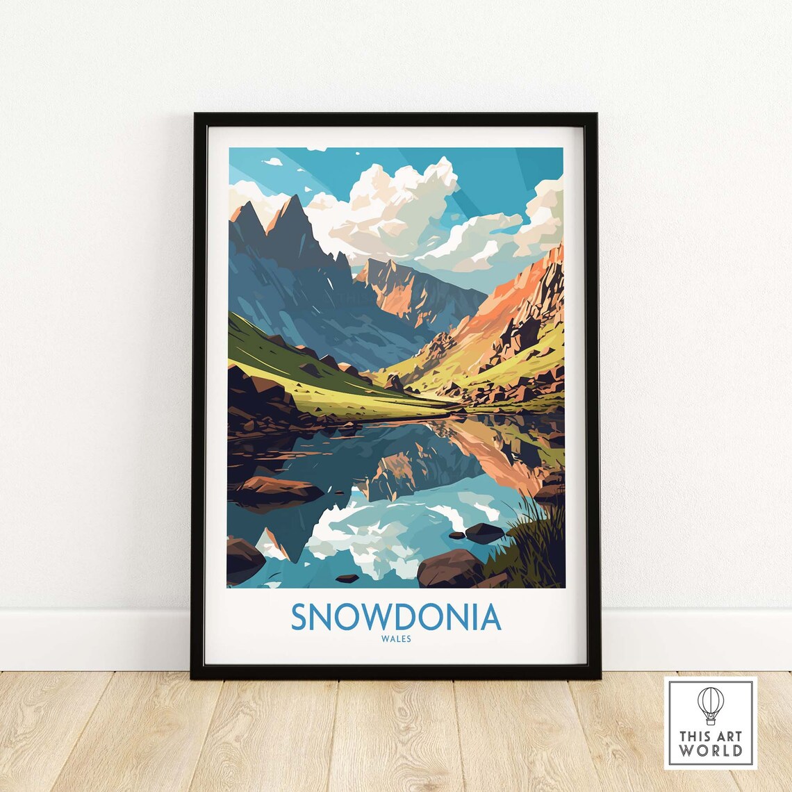 Snowdonia Wales Mountain Lake Peaks Reflection Vintage Travel Poster