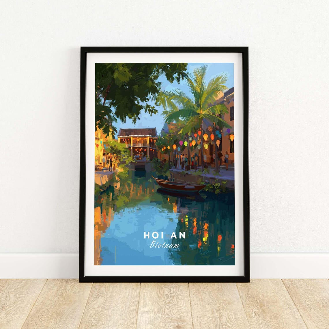 Hoi An Vietnam Canal Reflection and Lanterns Night Travel Poster