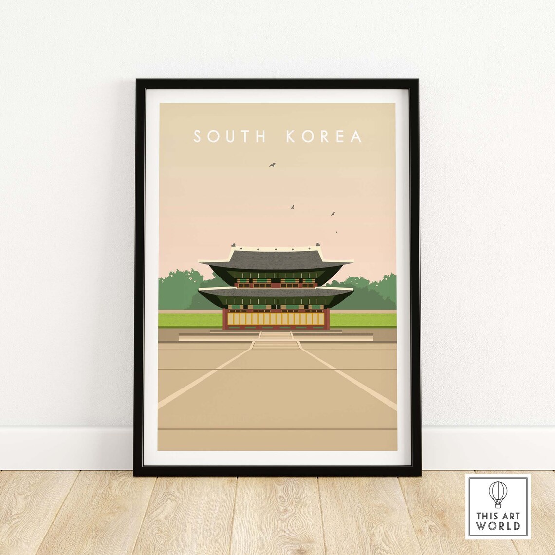 South Korea Traditional Palace Gate Minimal Pink Sky Art Poster