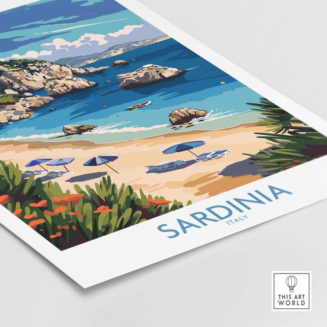 Sardinia Italy Sandy Beach Umbrellas Rocky Coves Kayak Poster - Image 4