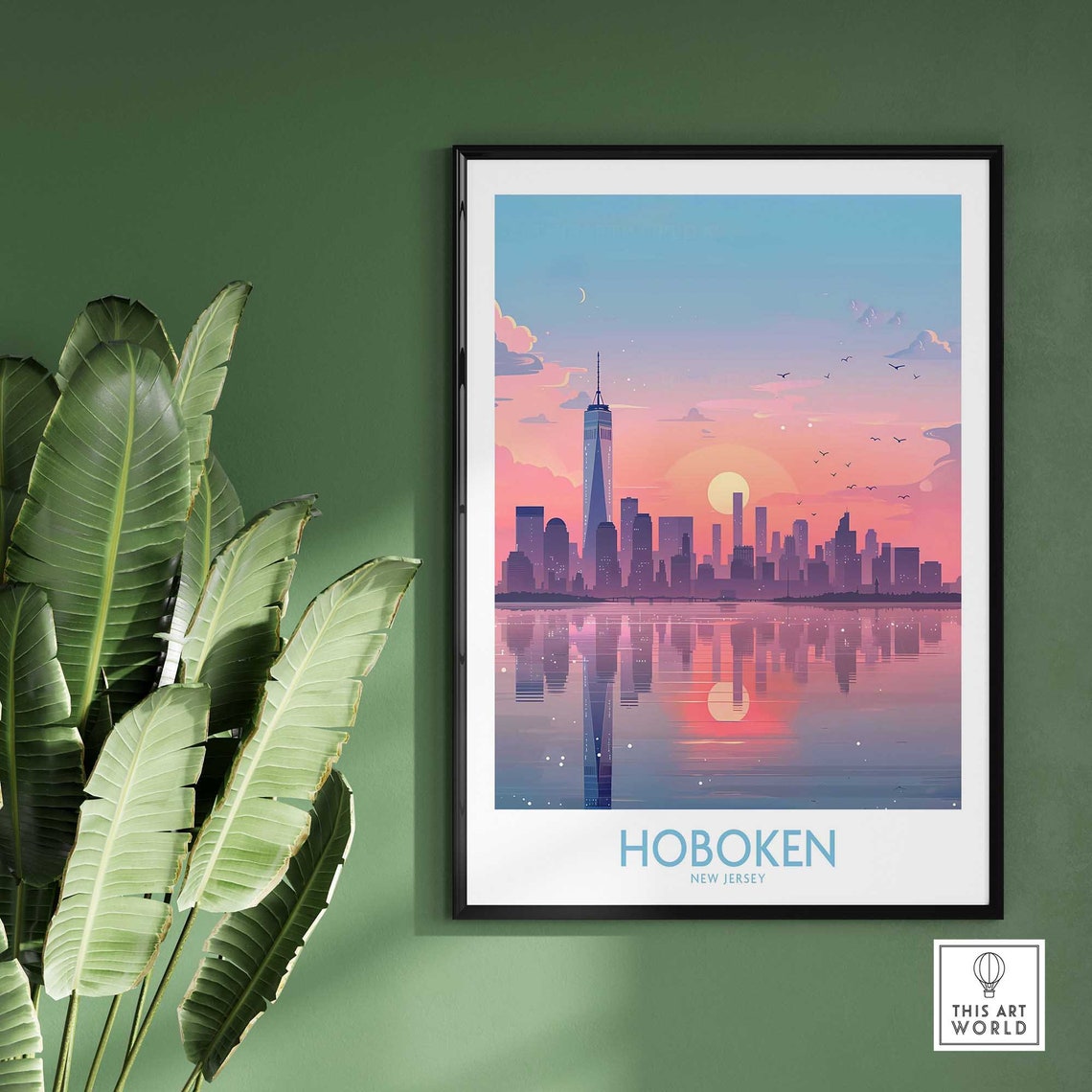 Hoboken New Jersey Sunset Skyline Waterfront Reflection Travel Poster - Image 2