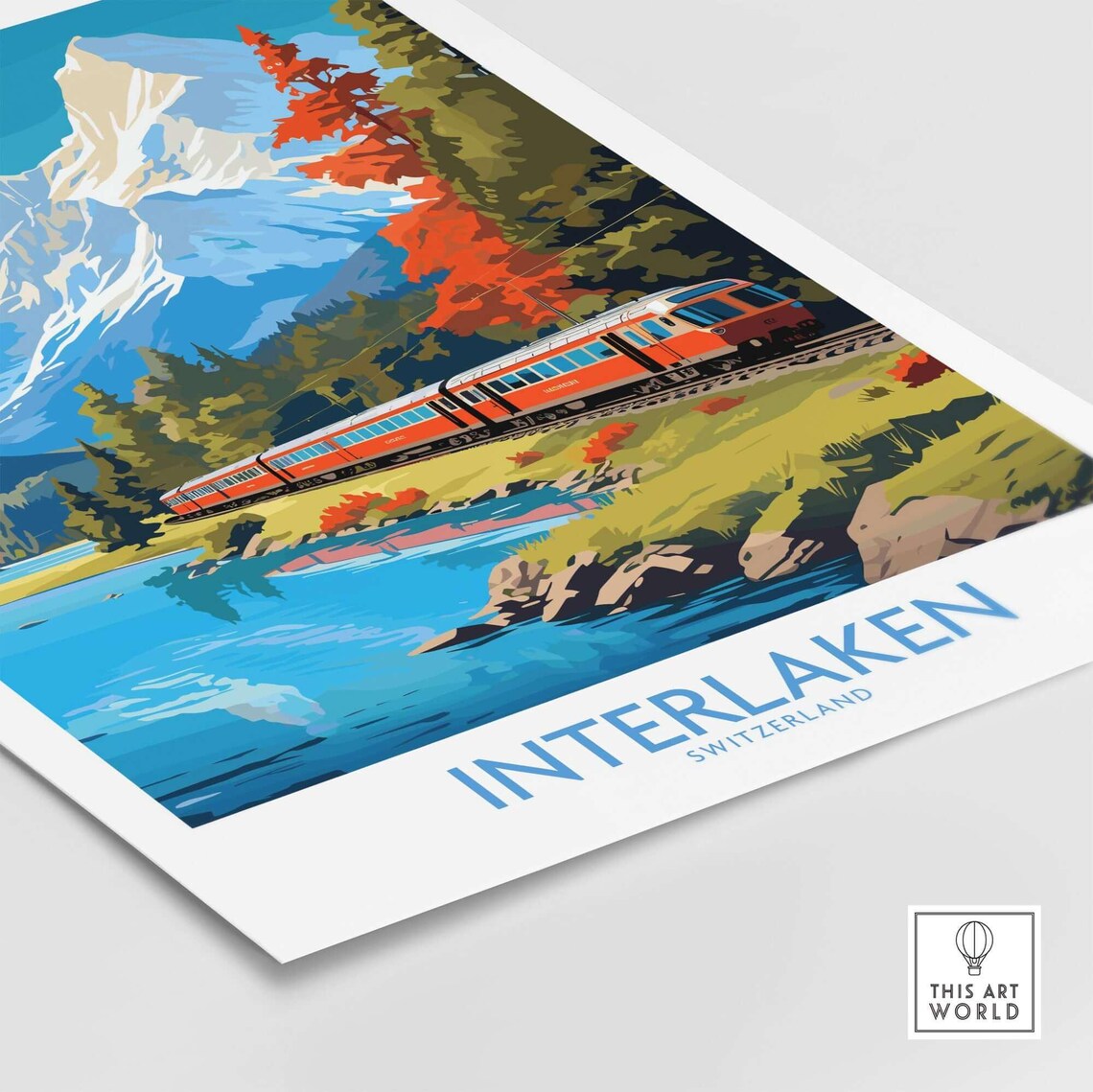 Interlaken Switzerland Red Train Alpine Lake Vintage Travel Poster - Image 4