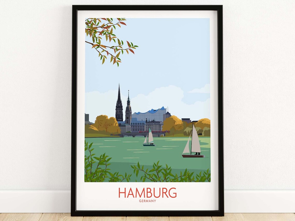 Hamburg Germany Lakeside Skyline Sailboats Vintage Travel Poster
