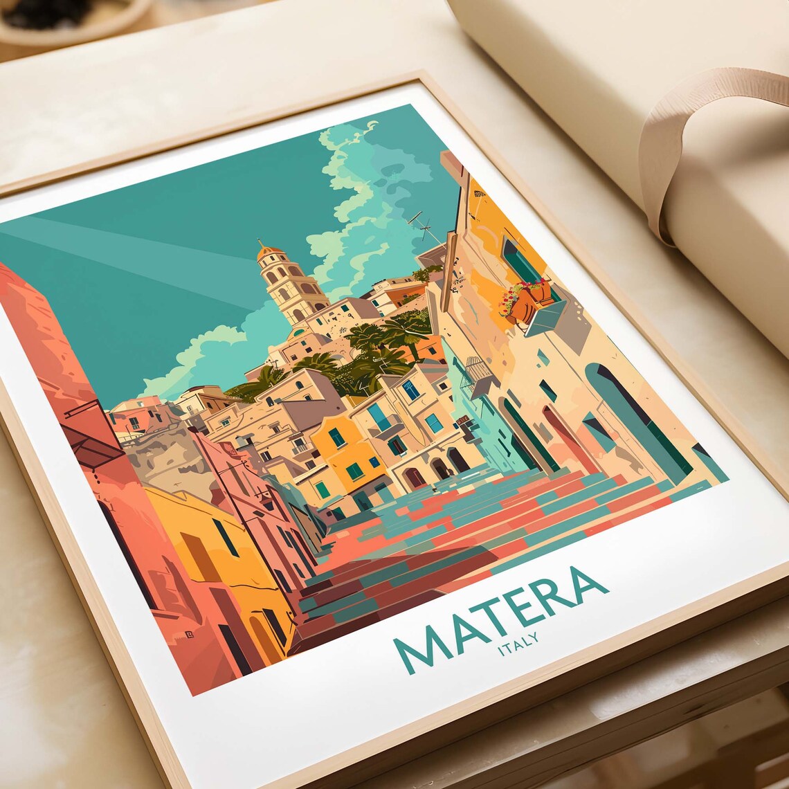 Matera Italy Sunlit Street Bell Tower Colorful Houses Poster
