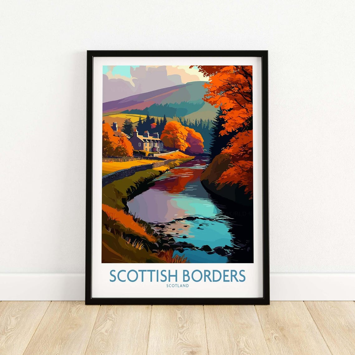 Scotland River Landscape Travel Poster Scottish Borders Autumn Print Wall Art Decor Gift Lovers Illustration Eildon Hills