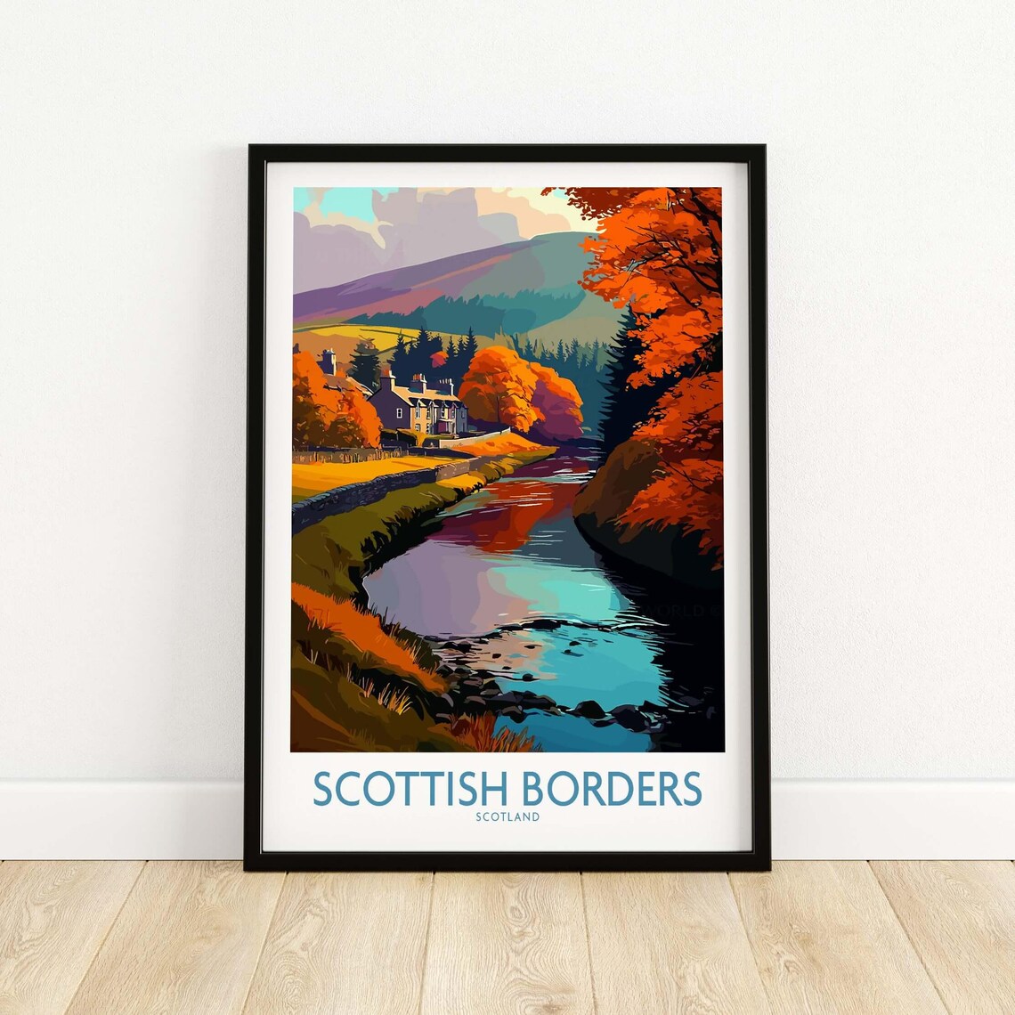 Scottish Borders Autumn River Cottages Landscape Travel Poster