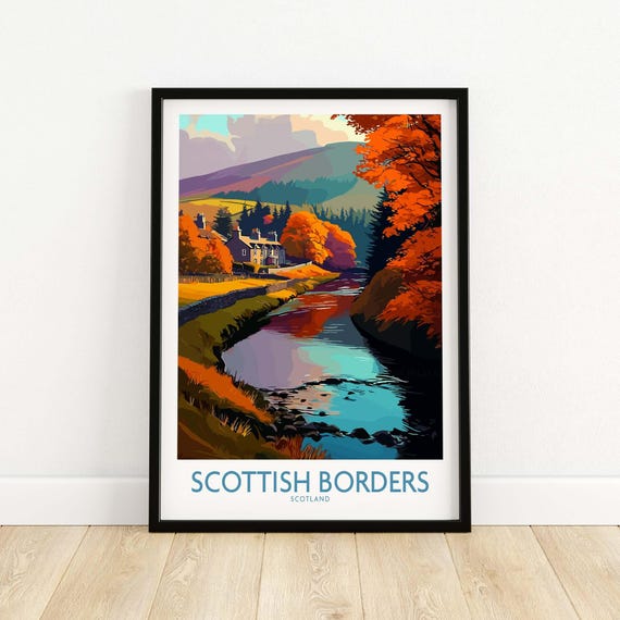 Scotland River Landscape Travel Poster Scottish Borders Autumn Print Wall Art Decor Gift Lovers Illustration Eildon Hills