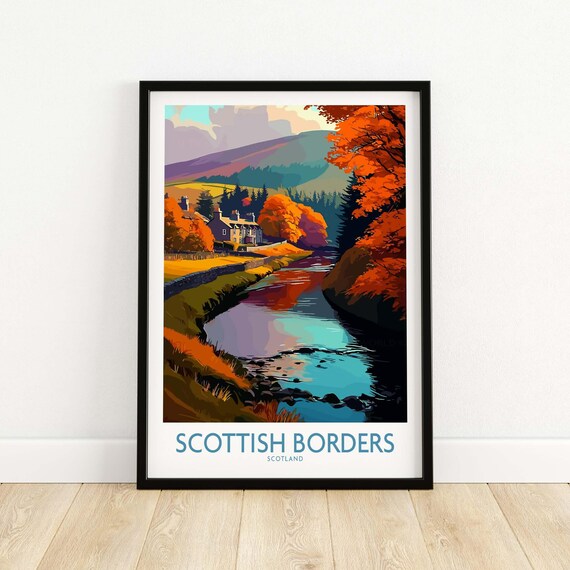 Scottish Borders Autumn River Cottages Landscape Travel Poster