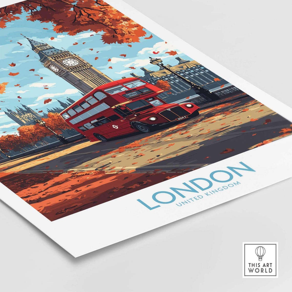 London UK Big Ben Red Bus Autumn Falling Leaves Travel Poster - Image 2
