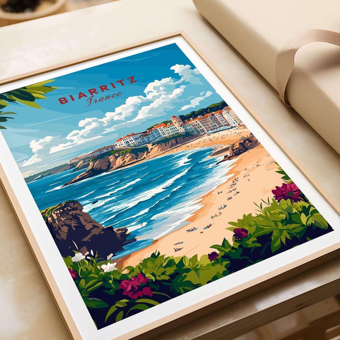 Biarritz France Sandy Beach Rocky Cliffs Vintage Travel Poster - Image 4