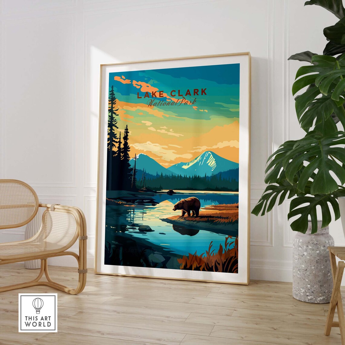 Lake Clark National Park Alaska Bear Lakeside Illustration Travel Poster - Image 3