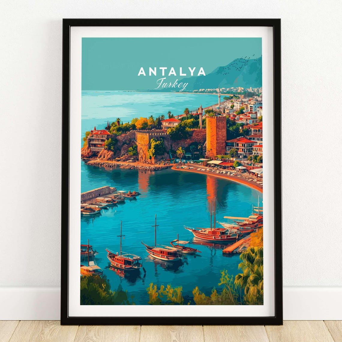 Antalya Turkey Old Town Marina Sunset Boats Castle Wall Poster