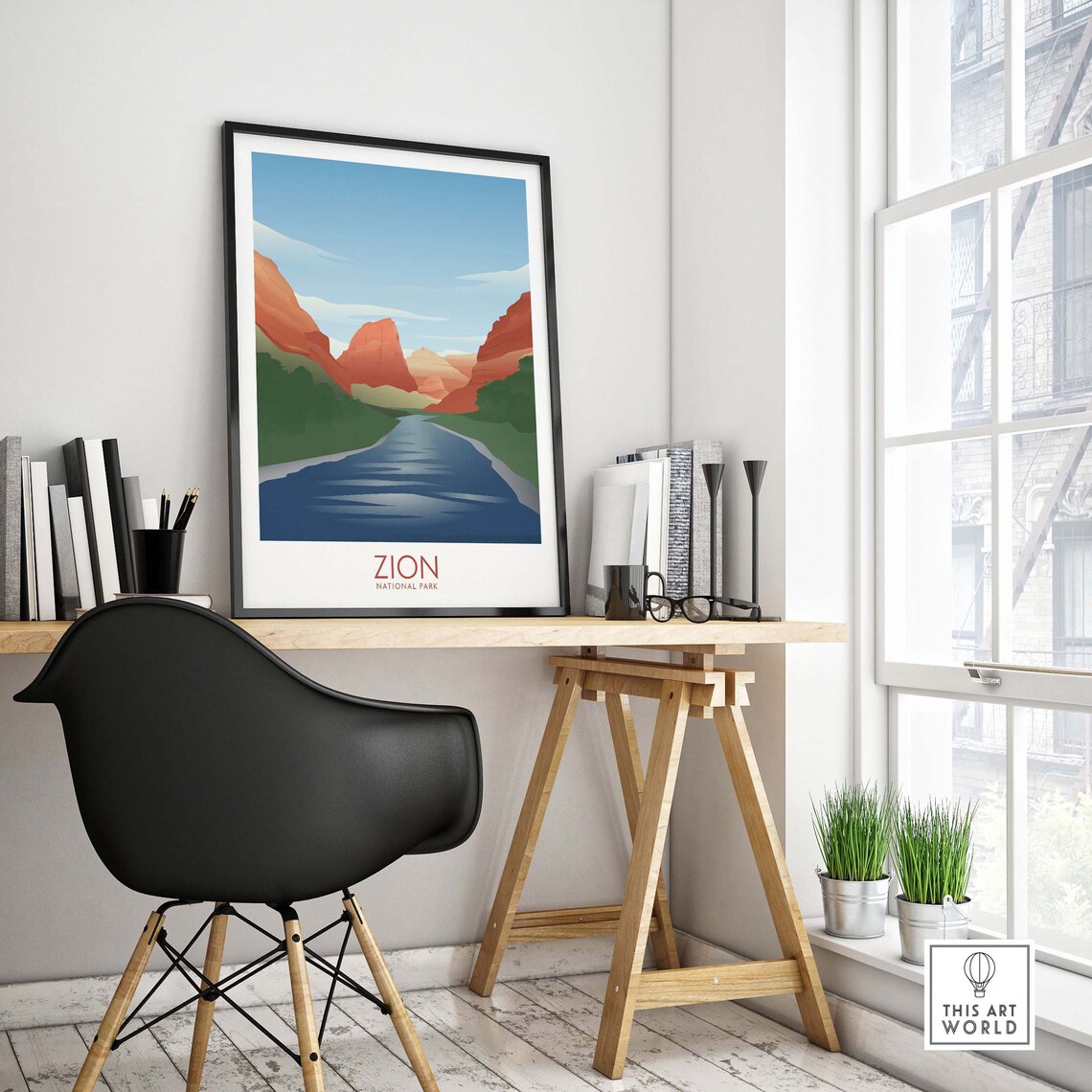 Zion National Park Red Rock Canyon River Valley Minimalist Travel Poster - Image 4