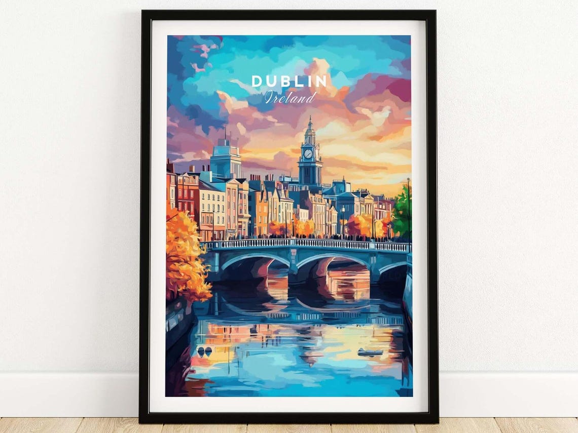 Dublin Ireland Skyline Clock Tower Sunset Vintage Travel Poster