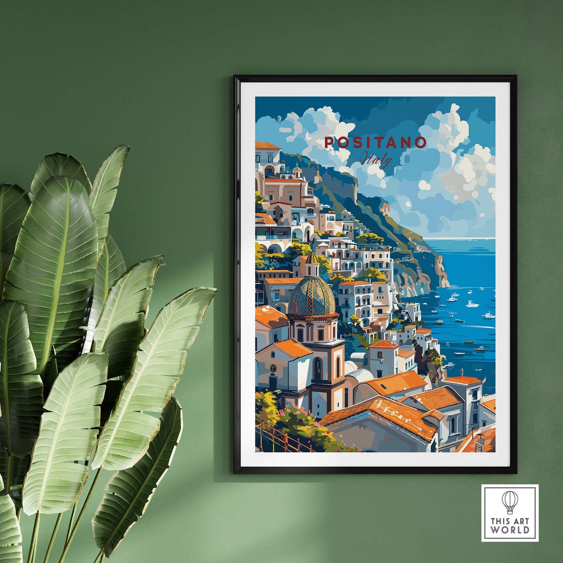 Positano Italy Cliffside Town Tiled Dome Sea Boats Scene Poster - Image 2