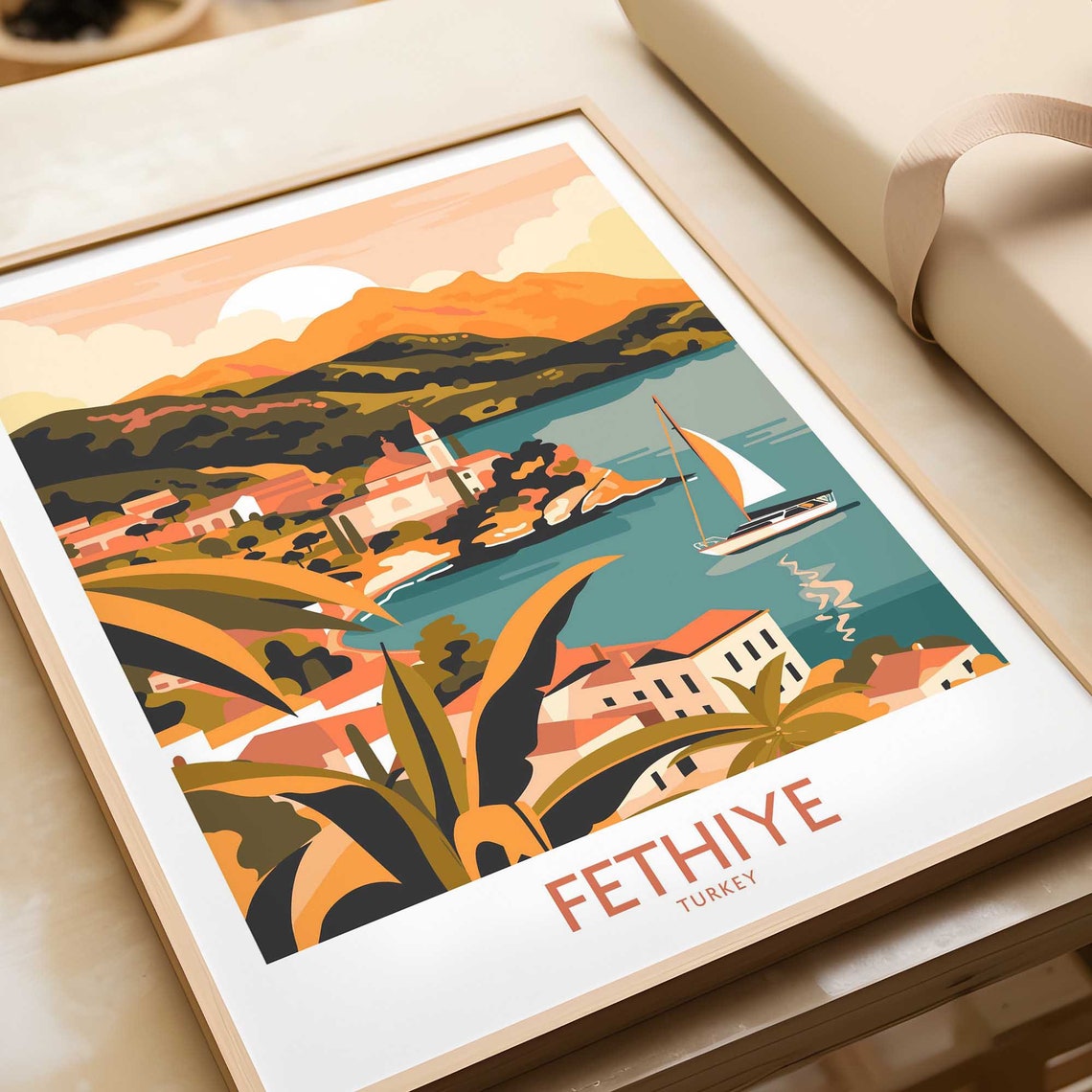 Fethiye Turkey Sunset Sailboat Bay Palm Leaves Coastal Poster