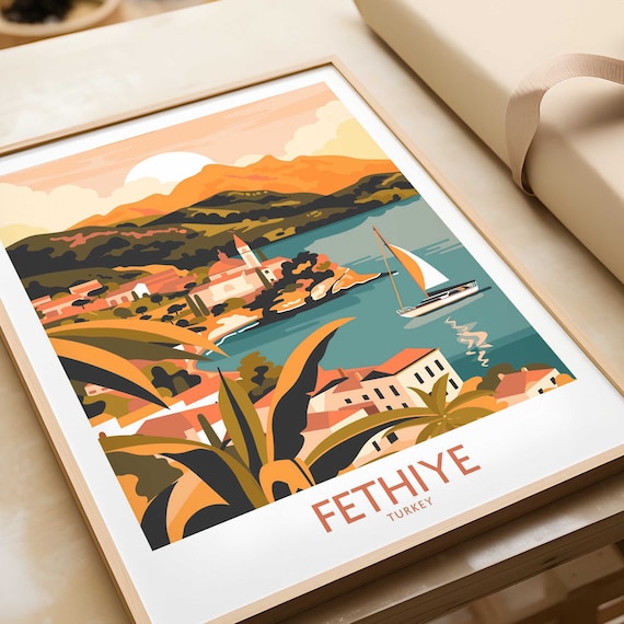 Fethiye Turkey Sunset Sailboat Bay Palm Leaves Coastal Poster