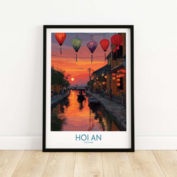 Hoi An Wall Art Vietnam Poster River Boats Scenic Print Vietnamese Travel Decor Asian Landscape Illustration Handmade Home Decoration