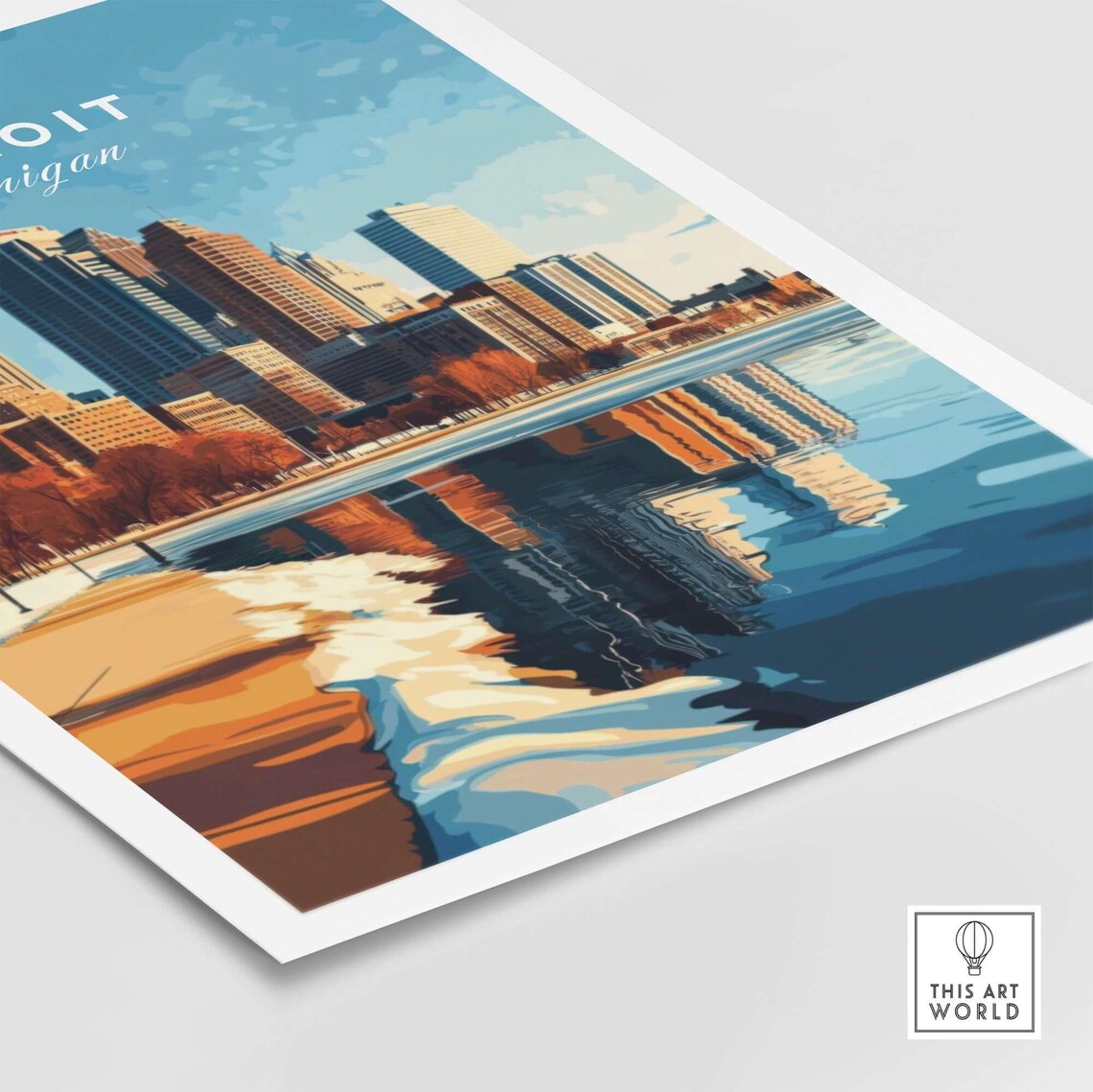 Detroit Michigan Golden Hour Winter Riverbank Travel Art Poster - Image 4
