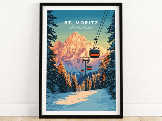St Moritz Switzerland Gondola Cabins Beneath Alpine Peak Travel Poster