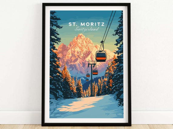 St Moritz Travel Poster Ski Print Switzerland St Moritz Ski Resort Ski Wall Art Winter Sports Skiing Gift
