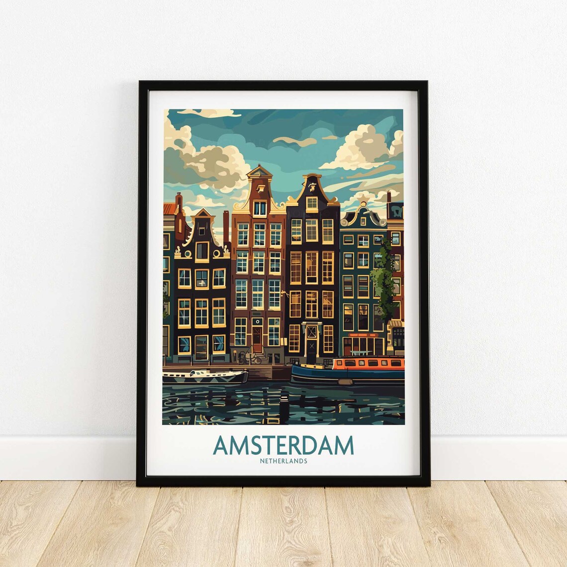 Amsterdam Netherlands Canal Houses Gabled Facade Boats Poster
