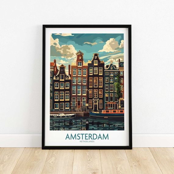 Amsterdam Netherlands Canal Houses Gabled Facade Boats Poster