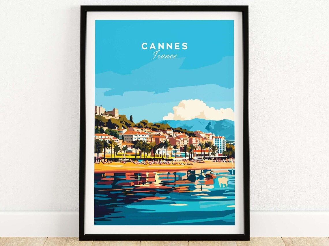 Cannes France Golden Beach Promenade Palm Trees Sea Travel Poster