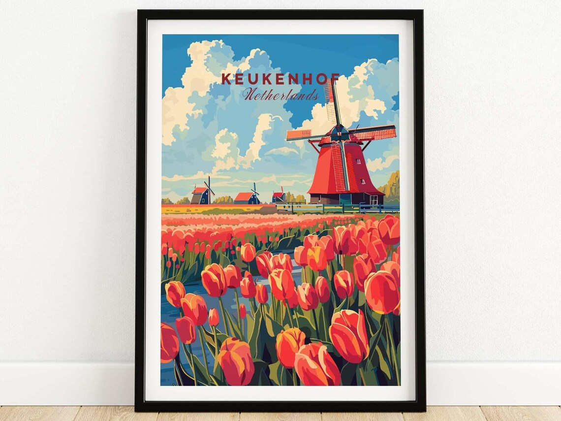 Keukenhof Netherlands Tulip Fields Windmill Vintage Travel Poster