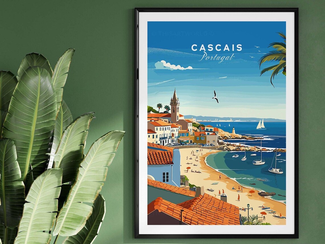 Cascais Portugal Sunny Beach Terracotta Roofs Sailboats Poster