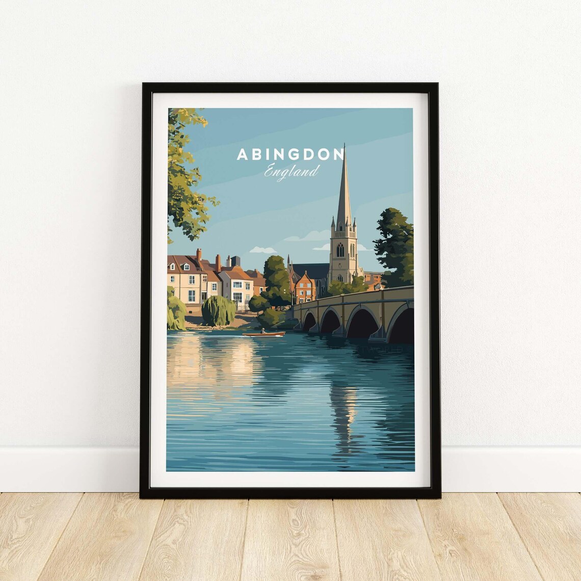 Abingdon England Riverside Town Rowboat Illustration Travel Poster