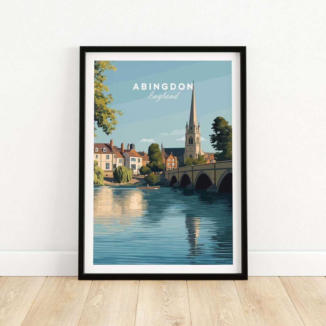 Abingdon England Travel Poster Historic Thames Riverside Wall Art Print Gift Lovers Illustration