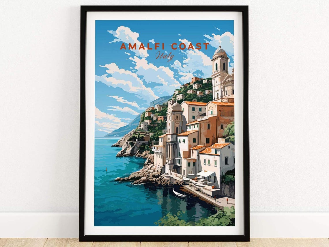Amalfi Coast Italy Cliffside Village Vintage Travel Poster Art