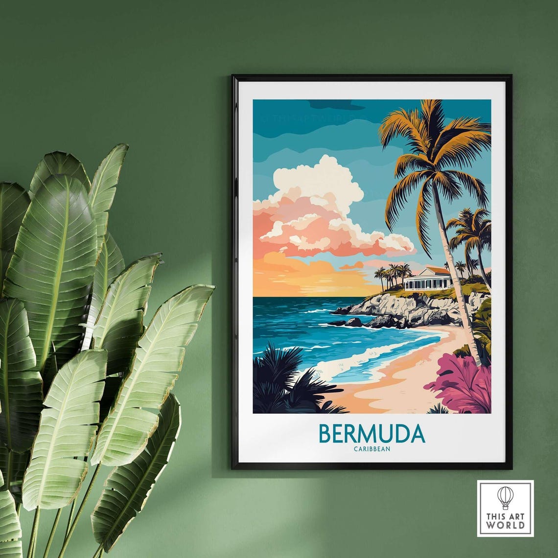 Bermuda Caribbean Sunset Beach Palm Trees Pink Sky Travel Poster - Image 2