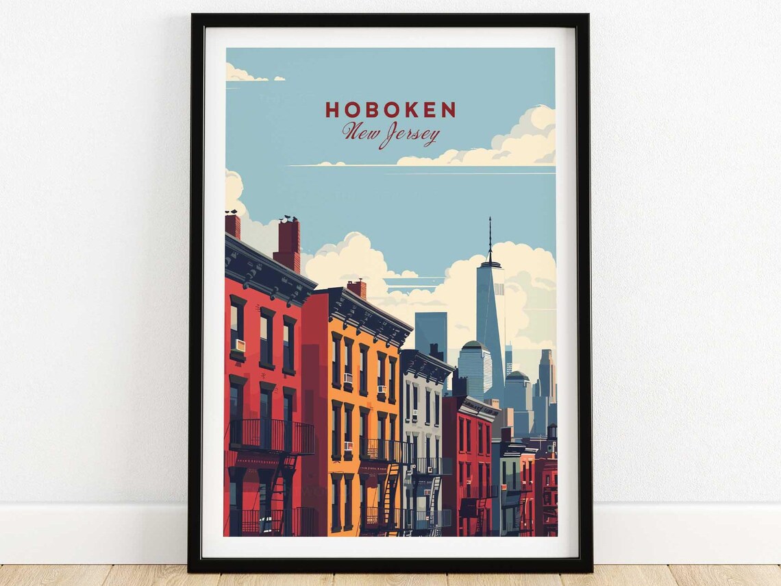 Hoboken New Jersey Colorful Brownstones Skyline Travel Poster