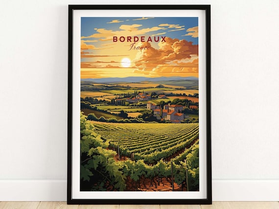 Bordeaux France Vineyard Sunset Rolling Hills French Wine Art Poster