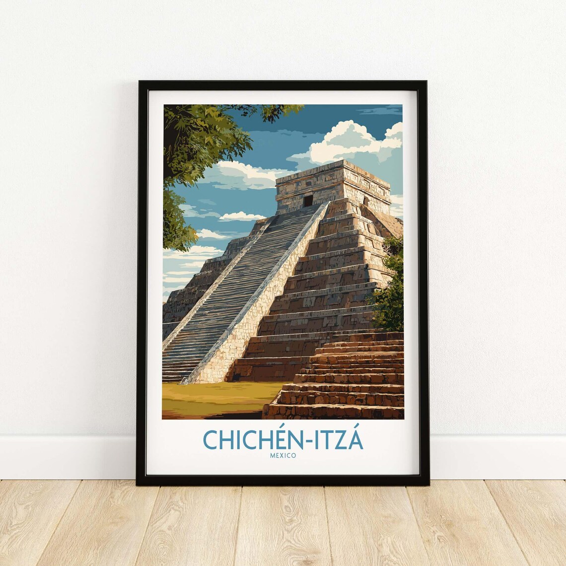 Mexico Chichn Itz El Castillo Poster Mayan Temple Travel Print Ancient Ruins Wall Art Gift Lovers Illustration